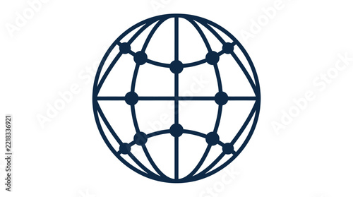 A dark blue minimalist globe icon showing a network of connected nodes
