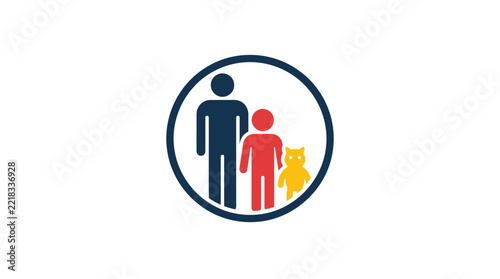 A minimalist graphic icon showing a parent, a child and a small pet