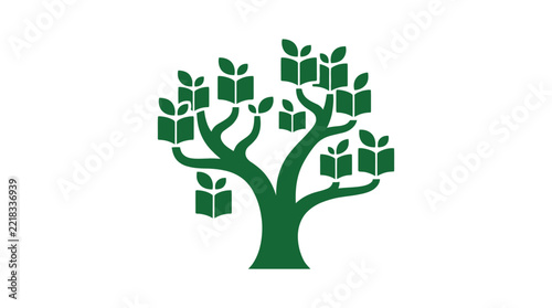 A stylized green tree icon with open books as leaves on a white background