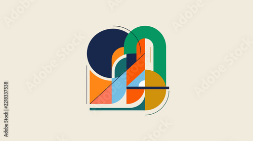 A vibrant abstract composition featuring geometric shapes and bold colors
