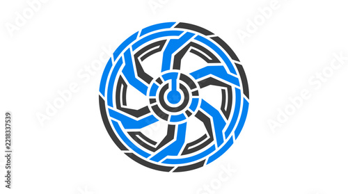 A circular abstract design featuring interconnected blue and dark gray geometric shapes