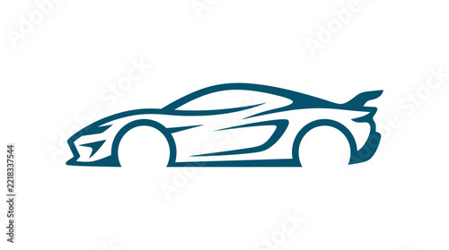 A minimalist dark blue silhouette of a modern sports car on a white background