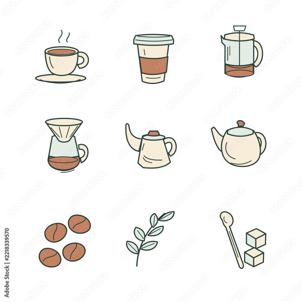 Obraz premium Cafe coffee and tea line art illustration collection with editable brewing objects