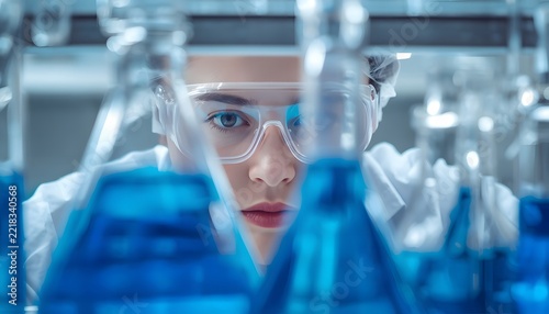 A focused scientist wearing safety goggles in a laboratory with blue liquid glassware.