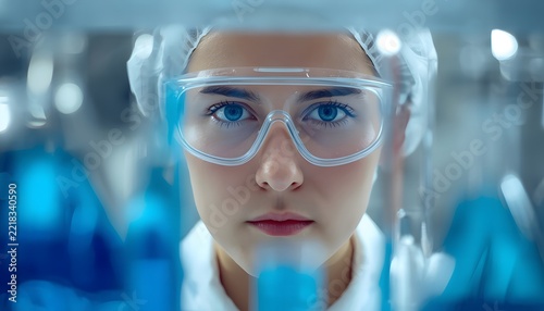 A focused scientist wearing safety goggles in a laboratory with blue liquid glassware.
