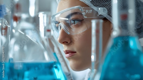 A focused scientist wearing safety goggles in a laboratory with blue liquid glassware.