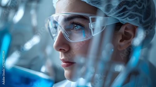 A focused scientist wearing safety goggles in a laboratory with blue liquid glassware.