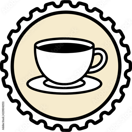 Coffee cup icon in a circular gear frame, simple line art vector illustration.