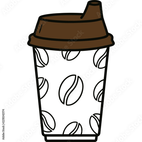 Disposable coffee cup with coffee bean pattern outline illustration