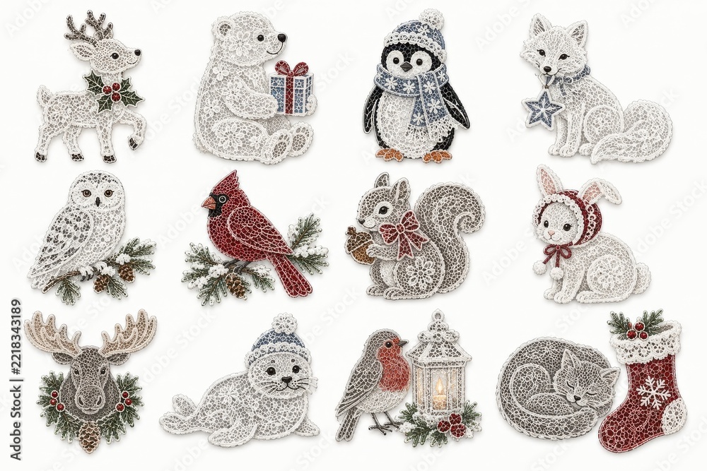 Fototapeta premium Hand-drawn winter woodland animals and Christmas decorations