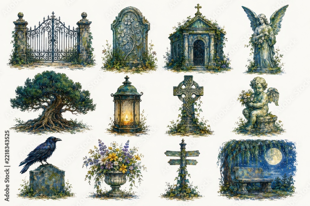 Fototapeta premium Gothic cemetery objects, angel statues, gates, tombs, flowers