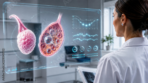 Woman doctor studies ovary follicles and hormone data for reproductive health diagnosis and fertility treatment care IVF