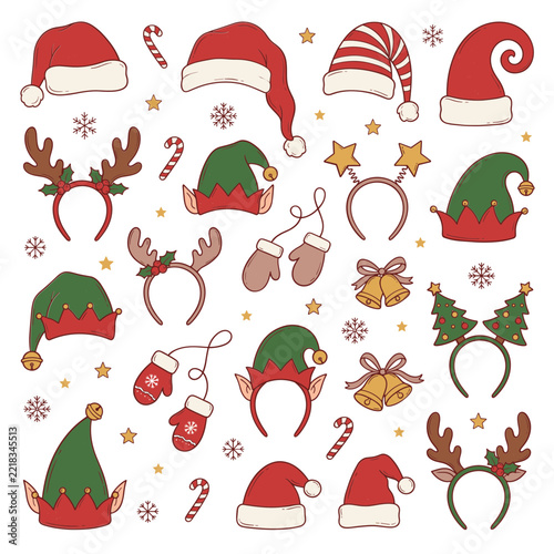 Hand Drawn Christmas Hats and Headbands Set, Santa Hat, Elf Hat, Reindeer Antlers, Mittens and Jingle Bells Vector Collection
