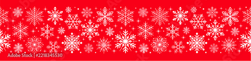 Seamless Christmas Border with White Snowflakes on Red Background, Winter Holiday Banner Pattern with Copy Space