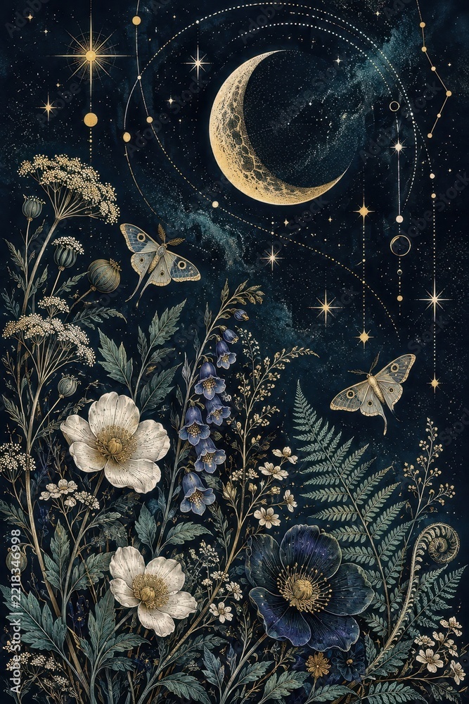 Fototapeta premium Vintage celestial crescent moon above enchanted midnight wildflowers