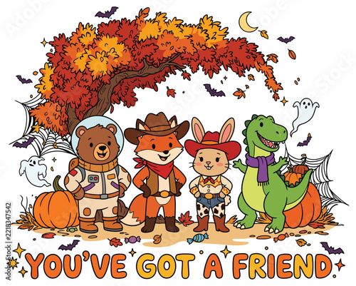 Cute cartoon animals including a bear in astronaut gear, fox, rabbit, and dinosaur standing together beneath a large autumn tree with falling leaves, pumpkins, and friends lettering.