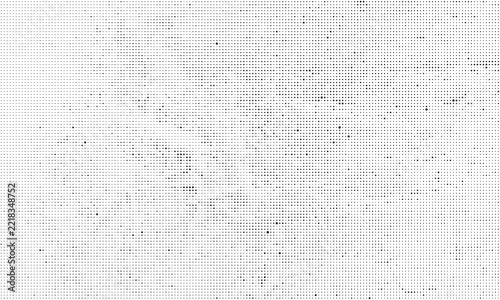 Black and white halftone pattern with varying dot sizes, distressed grunge texture background, with scattered circular, geometric shapes