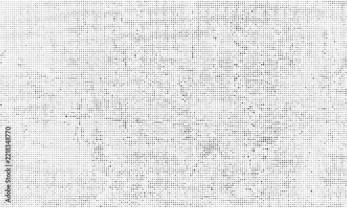 Black and white halftone pattern with varying dot sizes, distressed grunge texture background, with scattered circular, geometric shapes