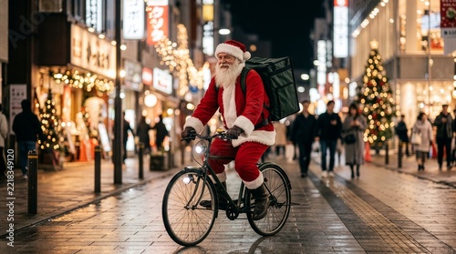 クリスマスイブの夜に自転車でフードデリバリーをするサンタクロース
