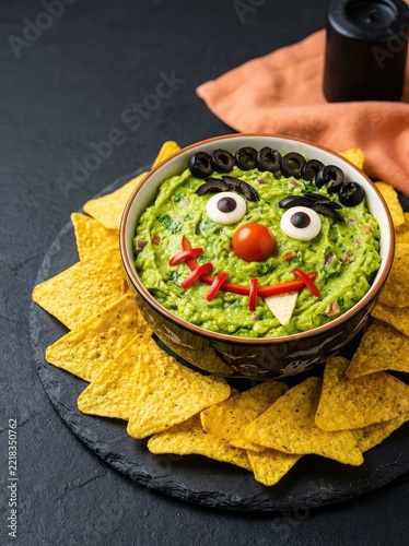 A festive Halloween appetizer features a large bowl of green guacamole cleverly disguised as a scary monster, surrounded by crunchy tortilla chips, avocado, tasty, vegetable