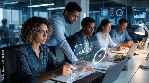 Diverse business team works with holographic data interface in modern office. Pro colleagues analyze digital charts, graphs, financial stats on futuristic screen. Group of multicultural coworkers