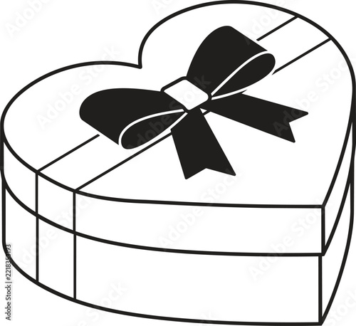 Black and white gift box in heart shape with bow ribbon design for romantic celebration anniversary wedding or holiday events.