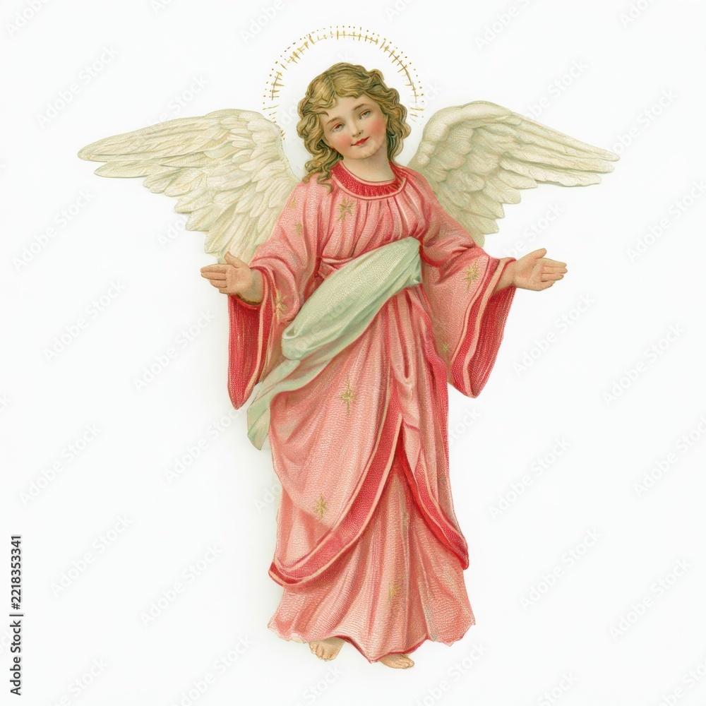 Fototapeta premium Vintage angel illustration with wings, halo, and flowing pink robe