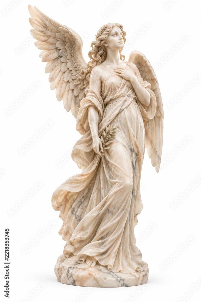 Fototapeta premium Elegant marble angel statue with flowing robes and wings