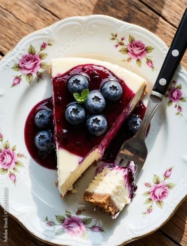 Close up of creamy cheesecake slice on vintage floral plate. Fresh blueberries, berry compote sauce top delicious dessert. Metal fork takes bite of sweet cake on rustic wooden table. Tasty homemade