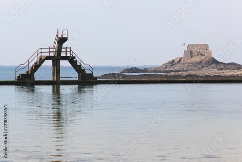View of the swimming pool and the coast in Saint-Malo in Brittany, France