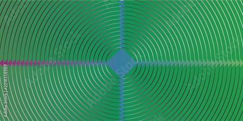 Abstract geometric background featuring concentric circles, diamond shapes, and a smooth colorful gradient in purple, teal, and green tones. Modern and dynamic design suitable for technology, 