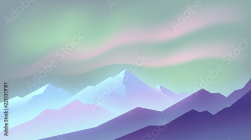 Abstract mountain range with colorful aurora borealis digital illustration