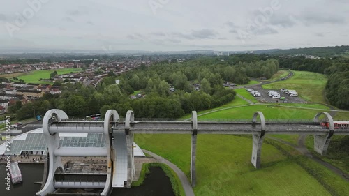 Filkirk Wheel from a drone, Forth and Clyde Canal, Falkirk, Scotland, UK
