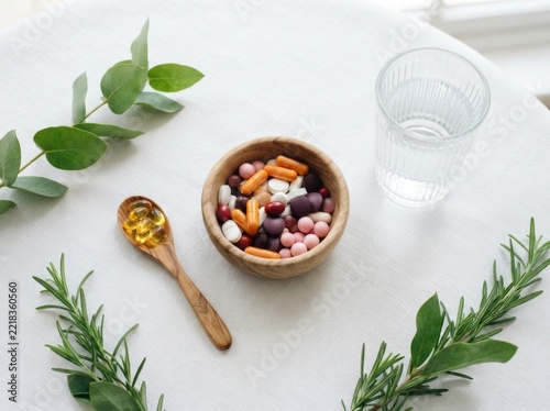 Assorted vitamin pills in a wooden bowl on a white table