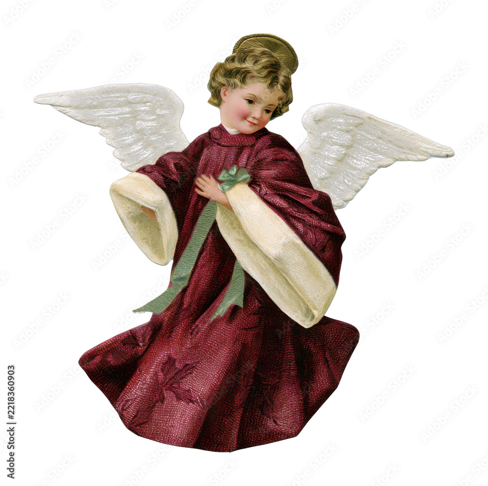 Fototapeta premium PNG Vintage Christmas angel illustration wearing burgundy robe
