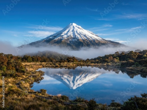Snowy volcano reflecting in a calm alpine lake