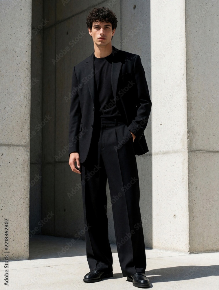 Fototapeta premium Handsome young man wears stylish black suit, t-shirt. Model poses alone against concrete wall in urban setting. Fashionable guy looks at camera with confident face. Trendy male clothing for business
