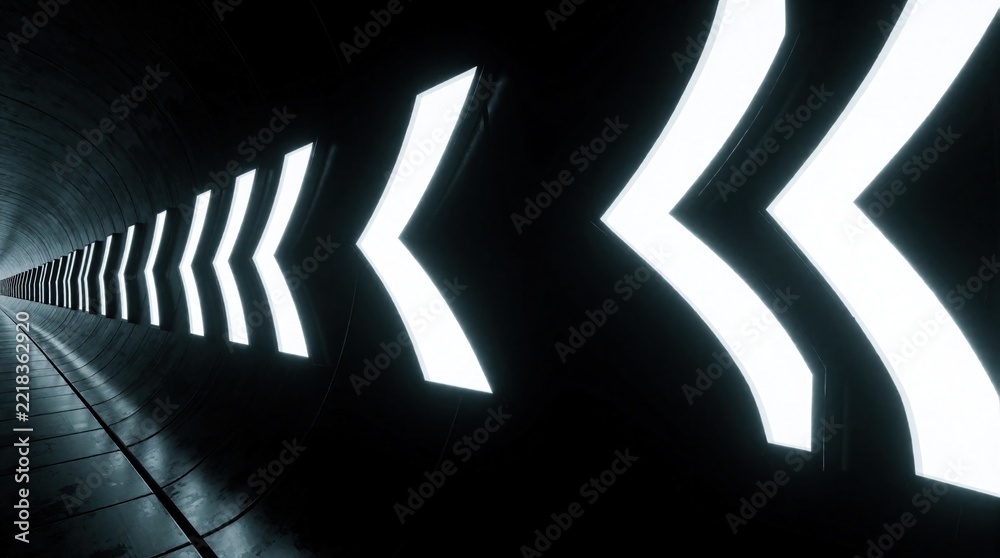 Fototapeta premium Glowing white arrows line dark futuristic tunnel. Bright light signals point forward through underground passage. Neon direction markers guide way in modern transit corridor. Abstract geometric