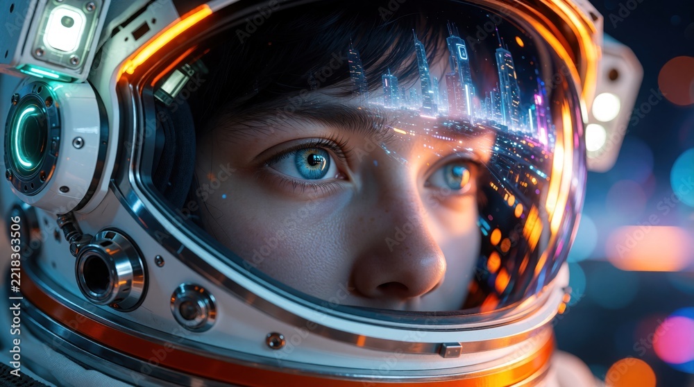 Fototapeta premium Close up of astronaut eyes behind space helmet visor. Futuristic city skyline reflects in glass. Human explorer looks at advanced urban world cosmic civilization. Visionary concept about space