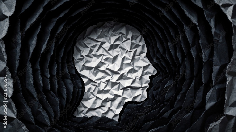 Fototapeta premium Crumpled paper silhouette of human head profile inside dark tunnel. Abstract layered paper art represents mental health issues like depression, anxiety stress. Mind concept shows deep thoughts,
