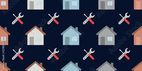 Seamless home services pattern featuring house outlines, roof lines, doors and windows for residential maintenance, handyman services and home repair promotional backgrounds.