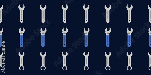 Seamless home repair pattern featuring simplified adjustable wrenches in varied orientations for handyman services, maintenance promotions and residential repair backgrounds.