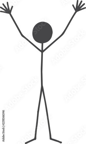 Stick figure character with arms reaching upward in celebratory pose isolated on transparent background for minimal design.