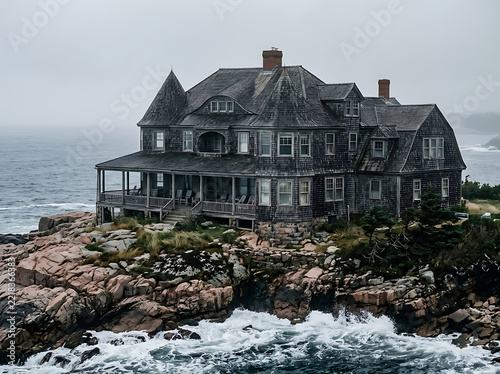 Large shingle style house on a rocky cliff overlooking the ocean