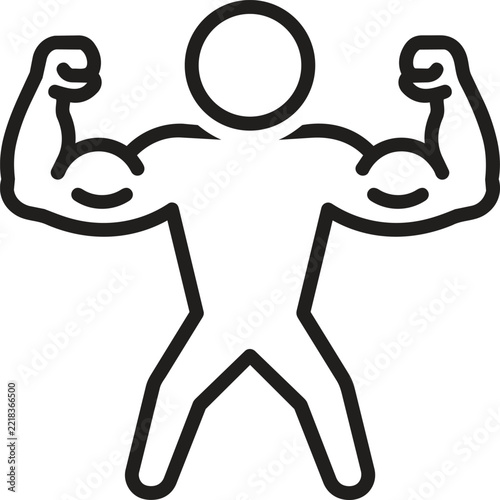 Strong athletic figure flexing muscular arms in bold black line art style icon suitable for fitness branding and gym concept.