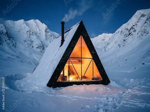 Cozy glass-front mountain shelter glowing warmly in snowy winter