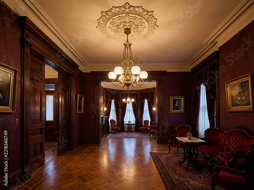 Elegant Victorian style parlor with dark wood paneling and vintage