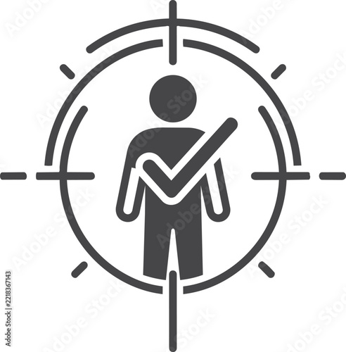 Target audience icon showing human stick figure profile inside crosshair target with checkmark symbol for customer focus.