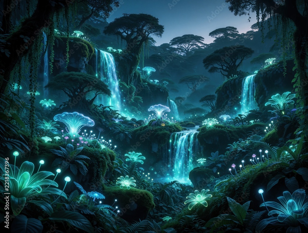 Fototapeta premium Mystical fantasy landscape with glowing plants, waterfalls. Enchanted forest features neon flora, magical mushrooms, luminous flowers under night sky. Surreal jungle scenery with cascading water,