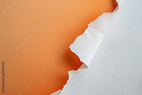 Wall peeling, revealing orange paint beneath white layer. Renovation, advertising